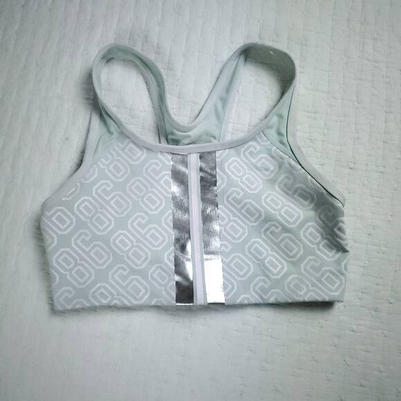 PINK VS Ultimate Athletic Racerback Seafoam Green Silver White "86" Sport Bra S - Picture 2 of 4
